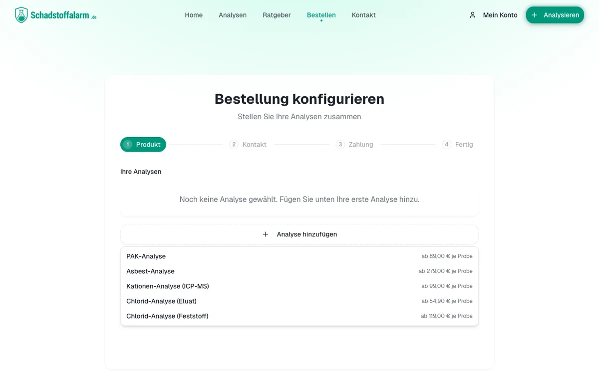 Produktauswahl-Menü des Konfigurators mit den verfügbaren Analysen und ihren Preisen