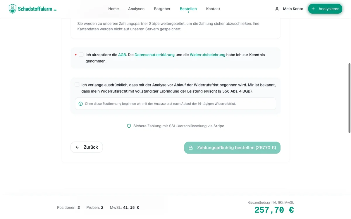Abschluss des Bestellvorgangs mit AGB-Checkboxen und dem Button Zahlungspflichtig bestellen