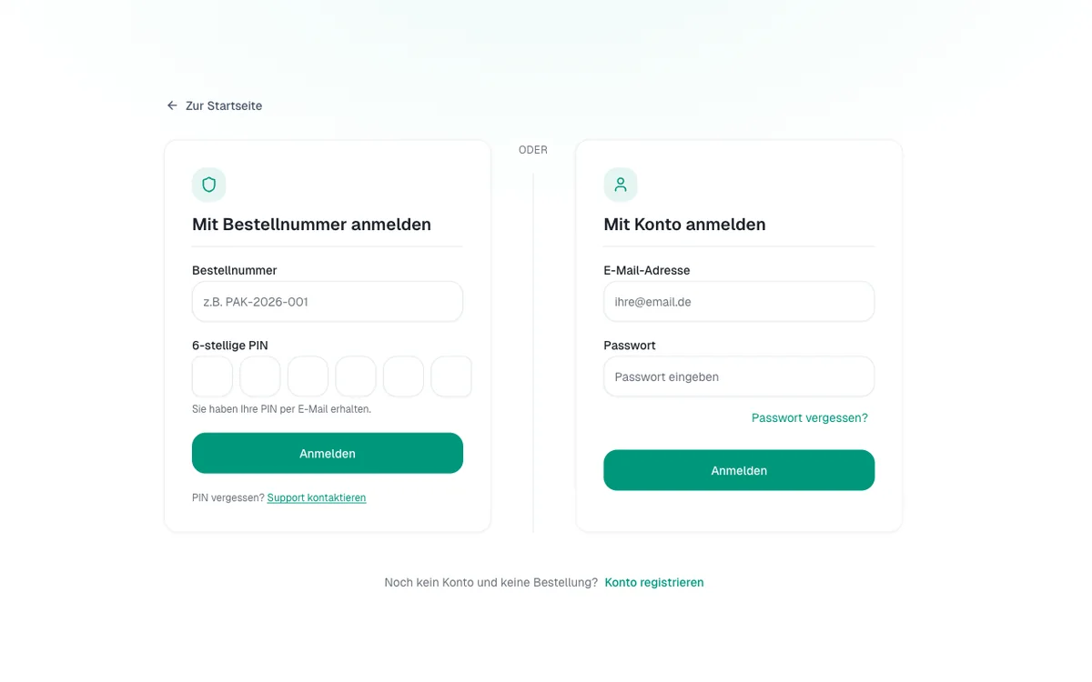 Login-Seite des Kundenportals mit Anmeldung per Bestellnummer und PIN oder per Kundenkonto